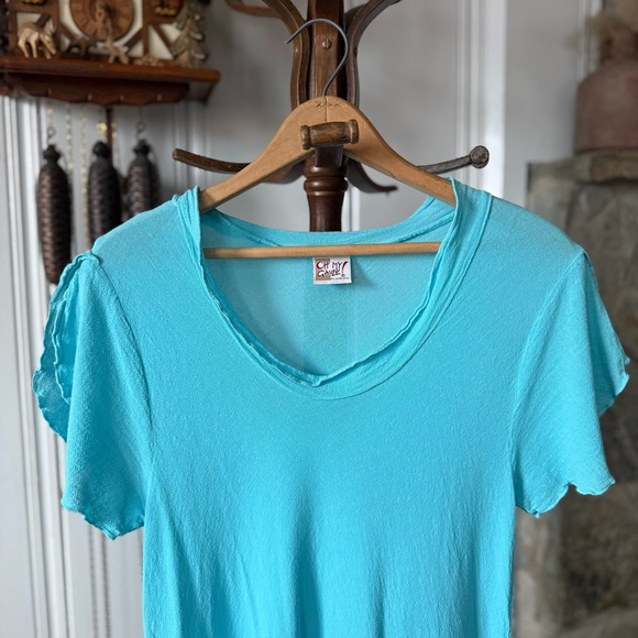 Vintage Gauze Cotton Sky Blue Short Sleeve Midi Summer Dress - Picture 2 of 6